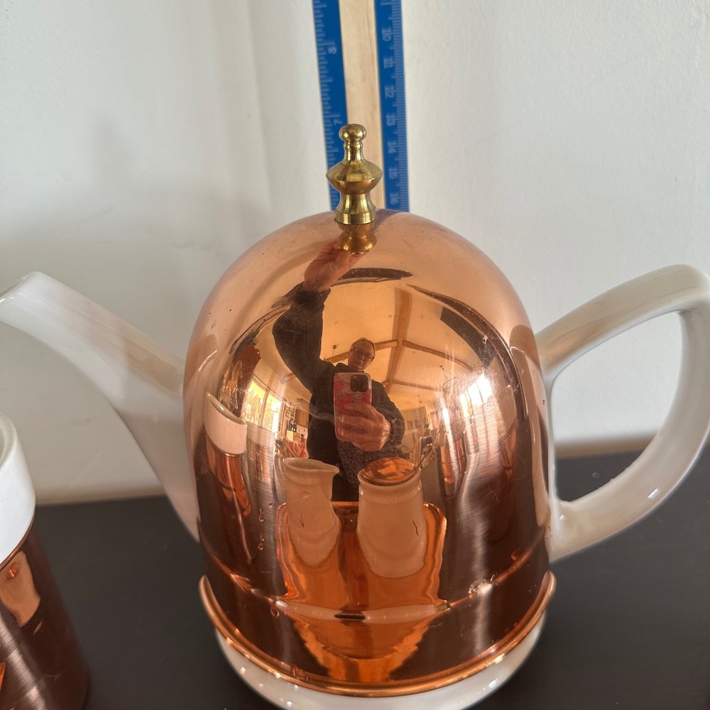 Vtg Baker Hart & Stuart Ceramic Copper Tea Set Teapot 4 Mugs Creamer 9pc Service - Picture 10 of 16